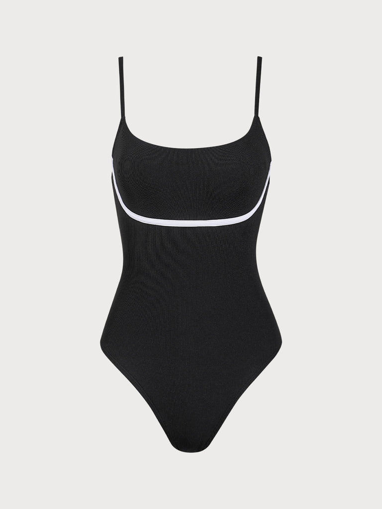 Black Contrast Ribbed One-Piece Swimsuit