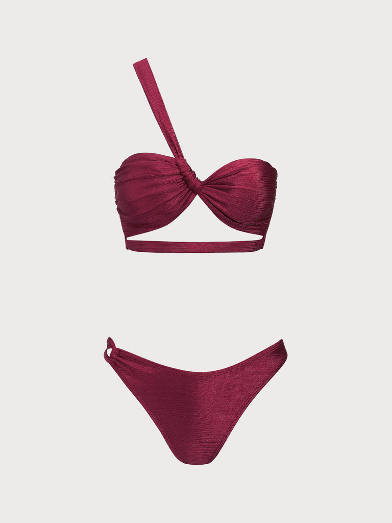 Burgundy One Shoulder Cutout Bikini Set