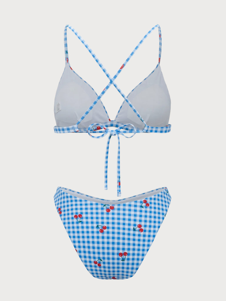 Blue Plaid Cherry Halter Bikini Set