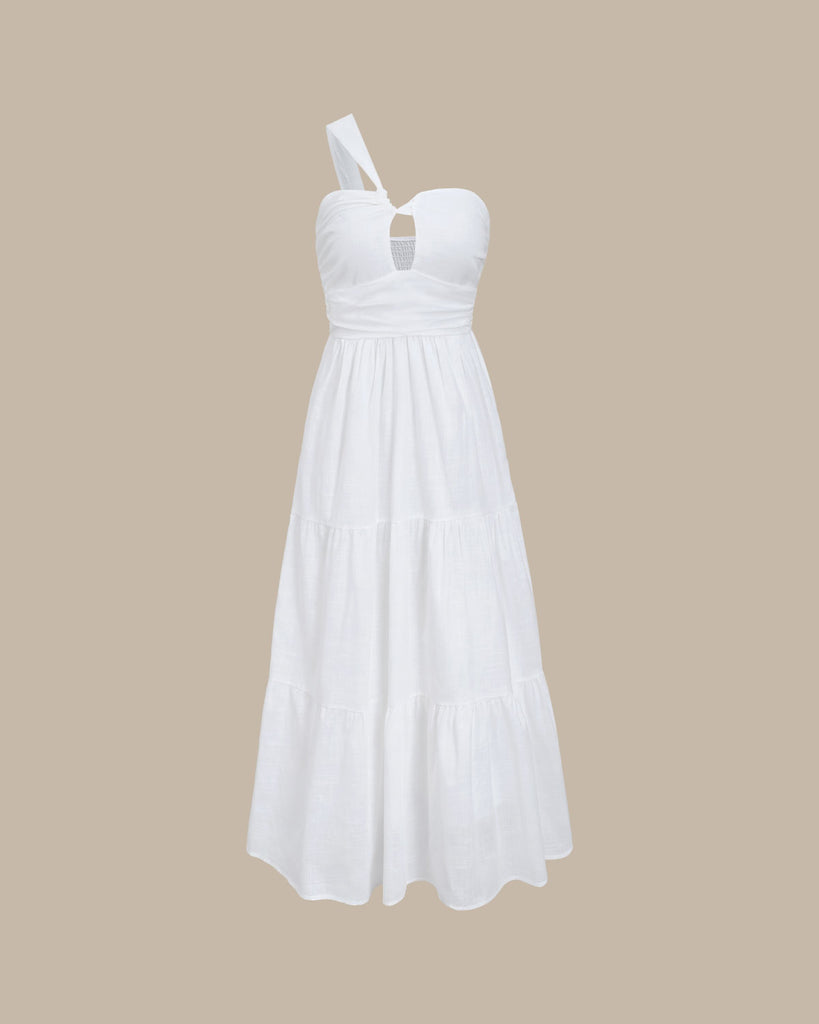 White Ruched One Shoulder Midi Dress