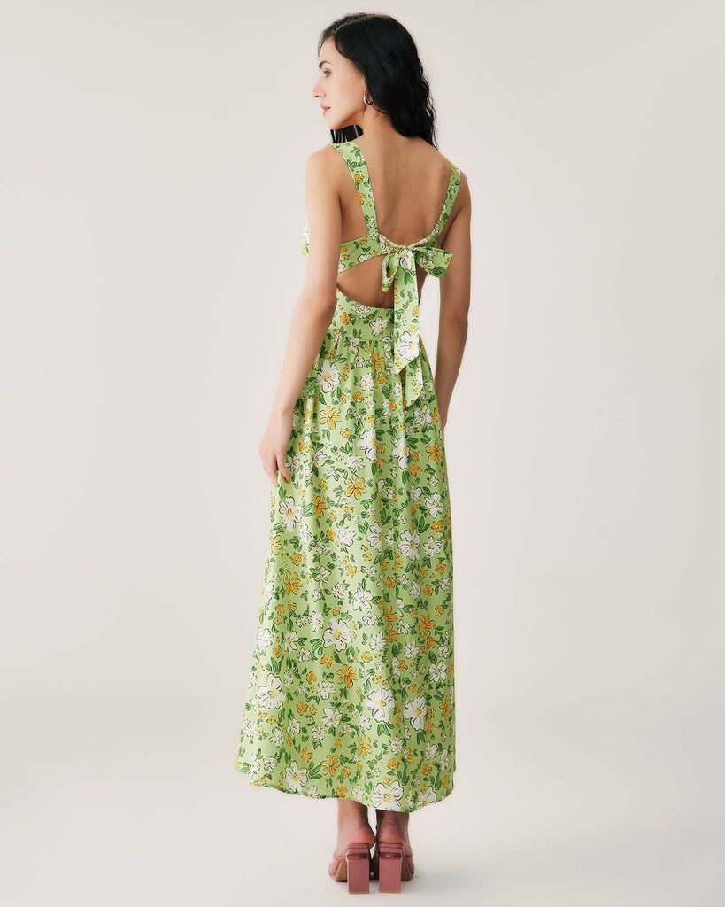 Green Floral Backless Maxi Dress