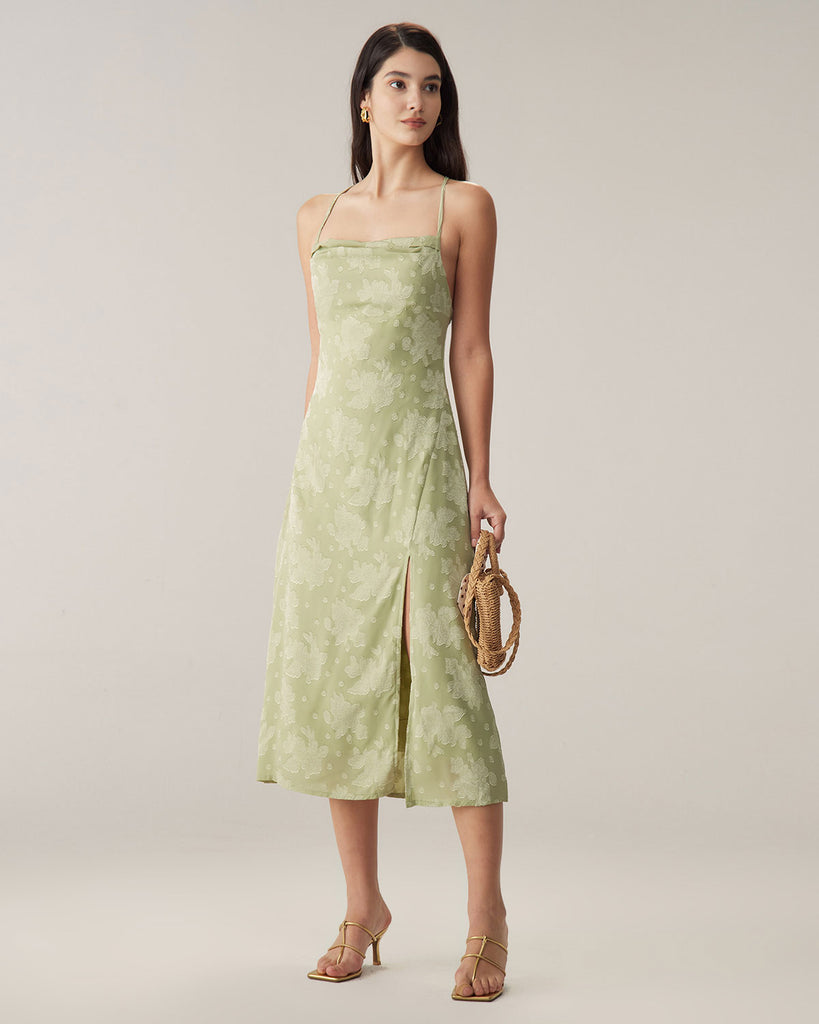 Green Jacquard Backless Slip Midi Dress