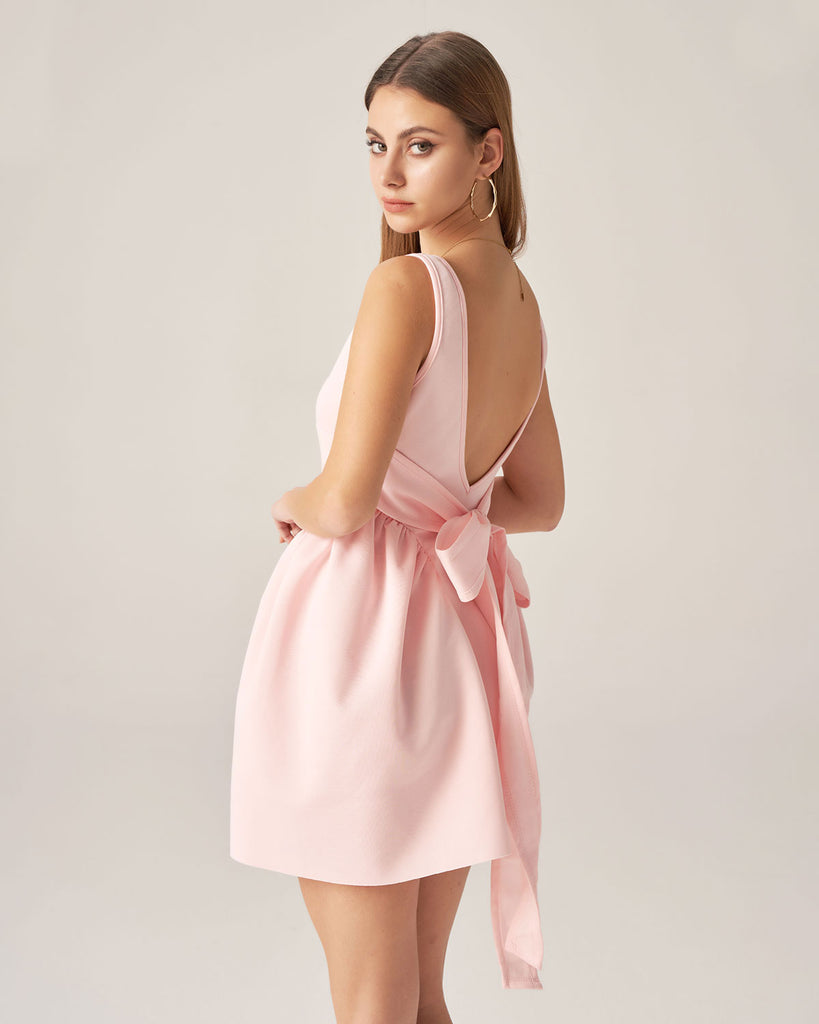 Pink Square Neck Bowknot Mini Dress