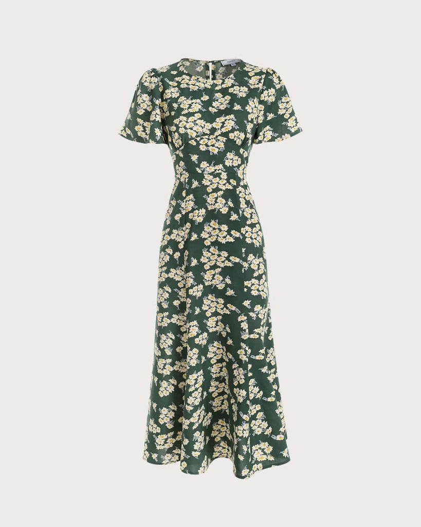 The Green Round Neck Floral Hollow Out Maxi Dress Dresses - RIHOAS