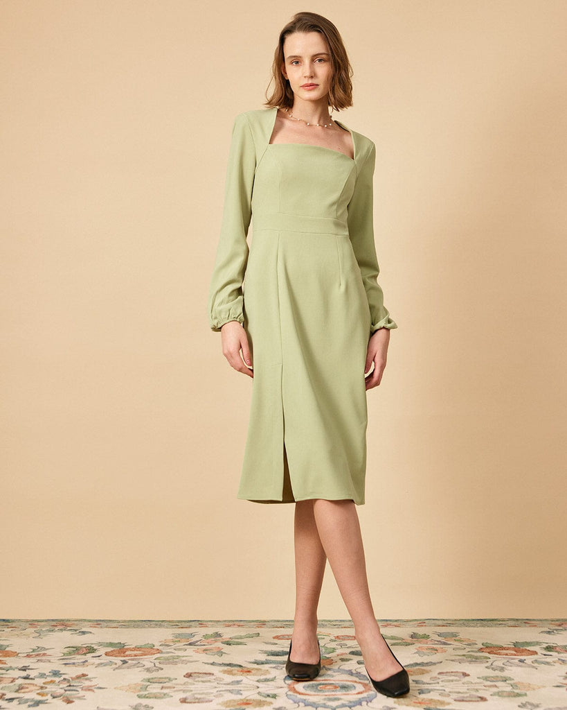 The Solid Square Neck Long Sleeve Dress - RIHOAS