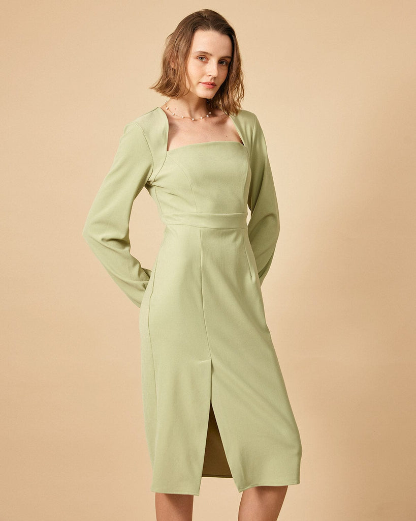 The Solid Square Neck Long Sleeve Dress - RIHOAS