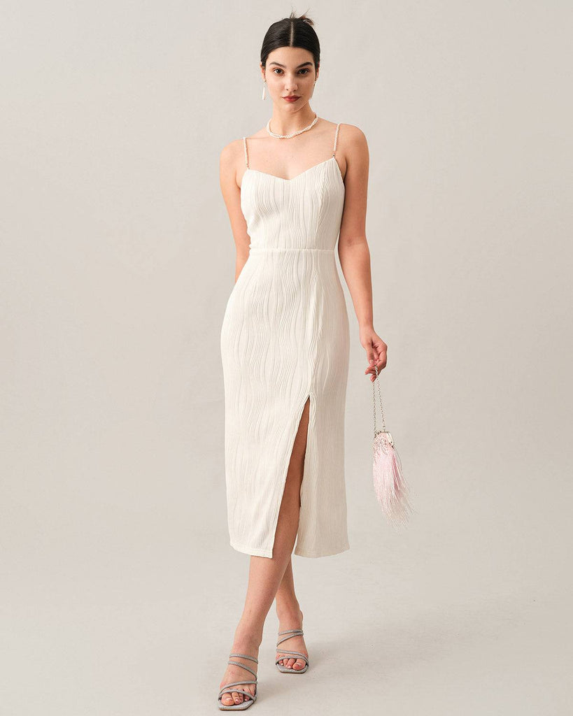 The Wave Textured Pearl Strap Midi Dress - RIHOAS