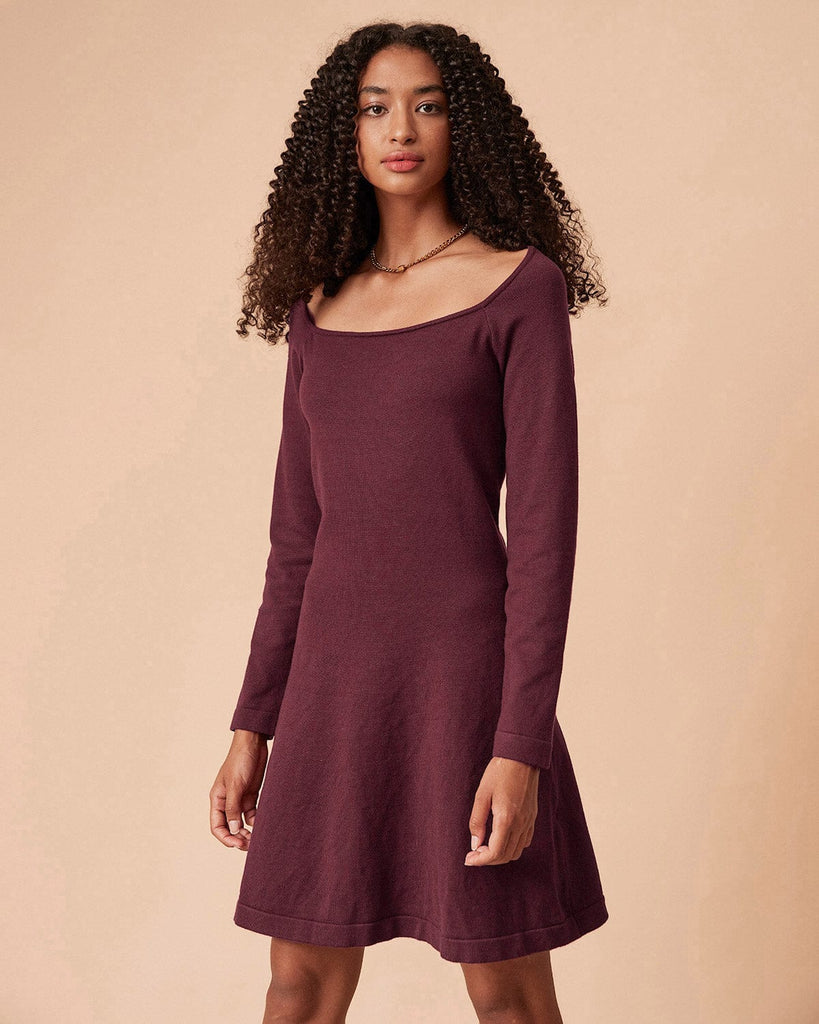 The Square Neck Sweater Dress Wine Red Dresses - RIHOAS