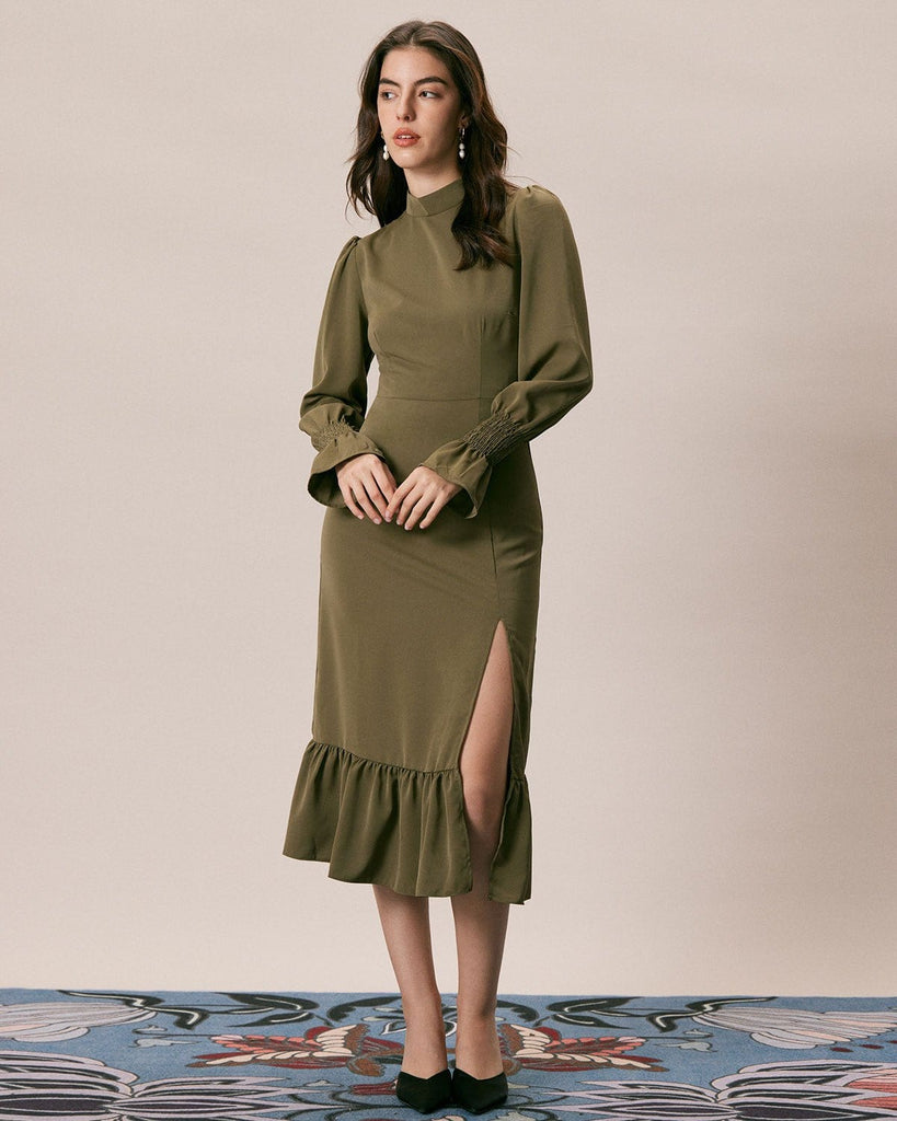 The Army Green Mock Neck Midi Dress Dresses - RIHOAS