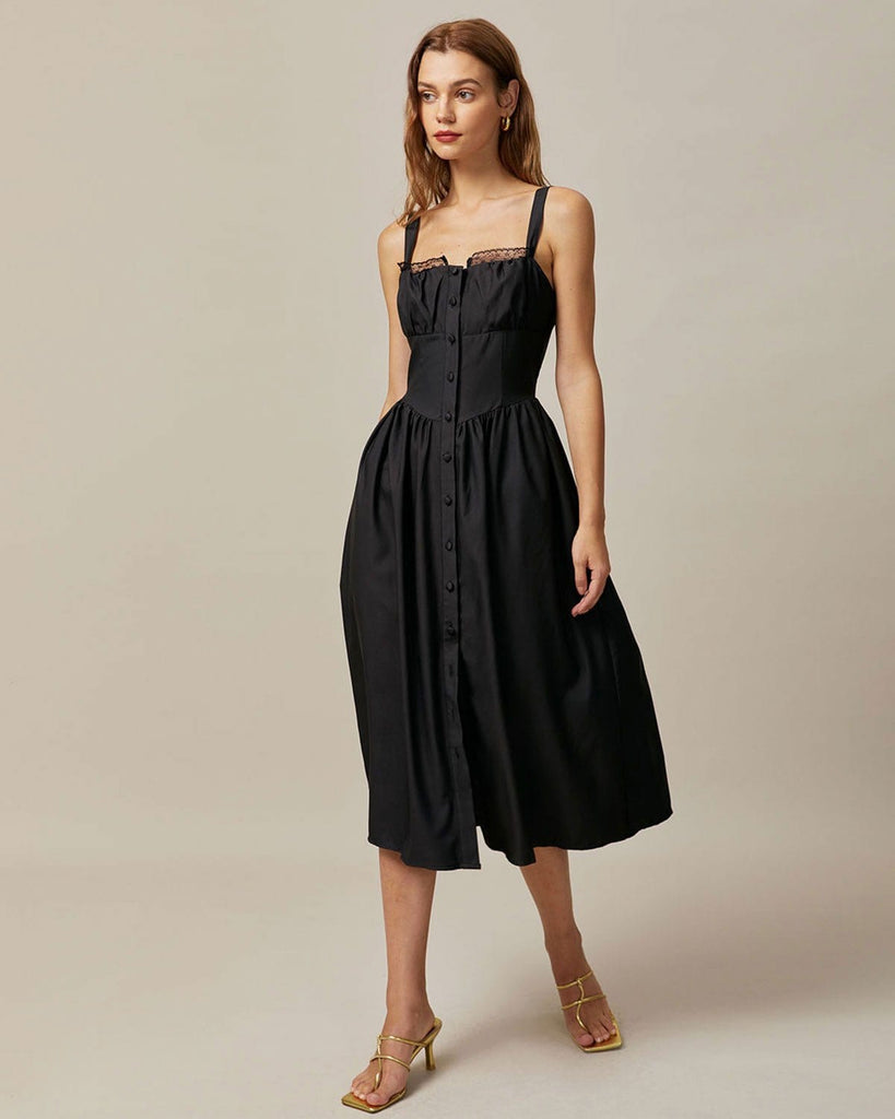 The Black Square Neck Lace Midi Dress Dresses - RIHOAS