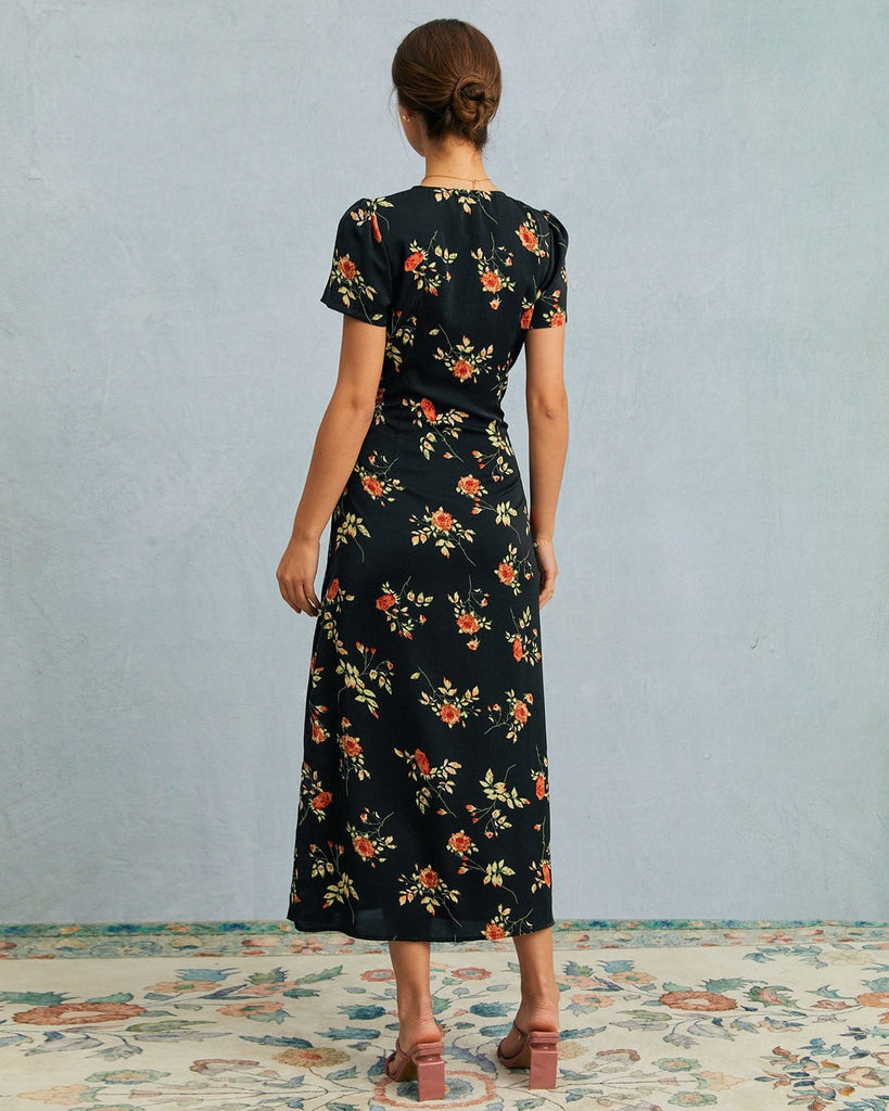 The Black V-Neck Button Detail Floral Maxi Dress Dresses - RIHOAS