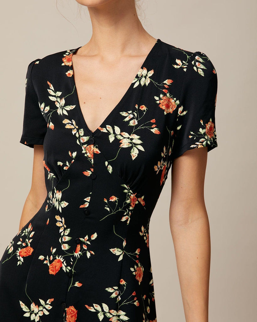 The Black V-Neck Floral Mini Dress Dresses - RIHOAS