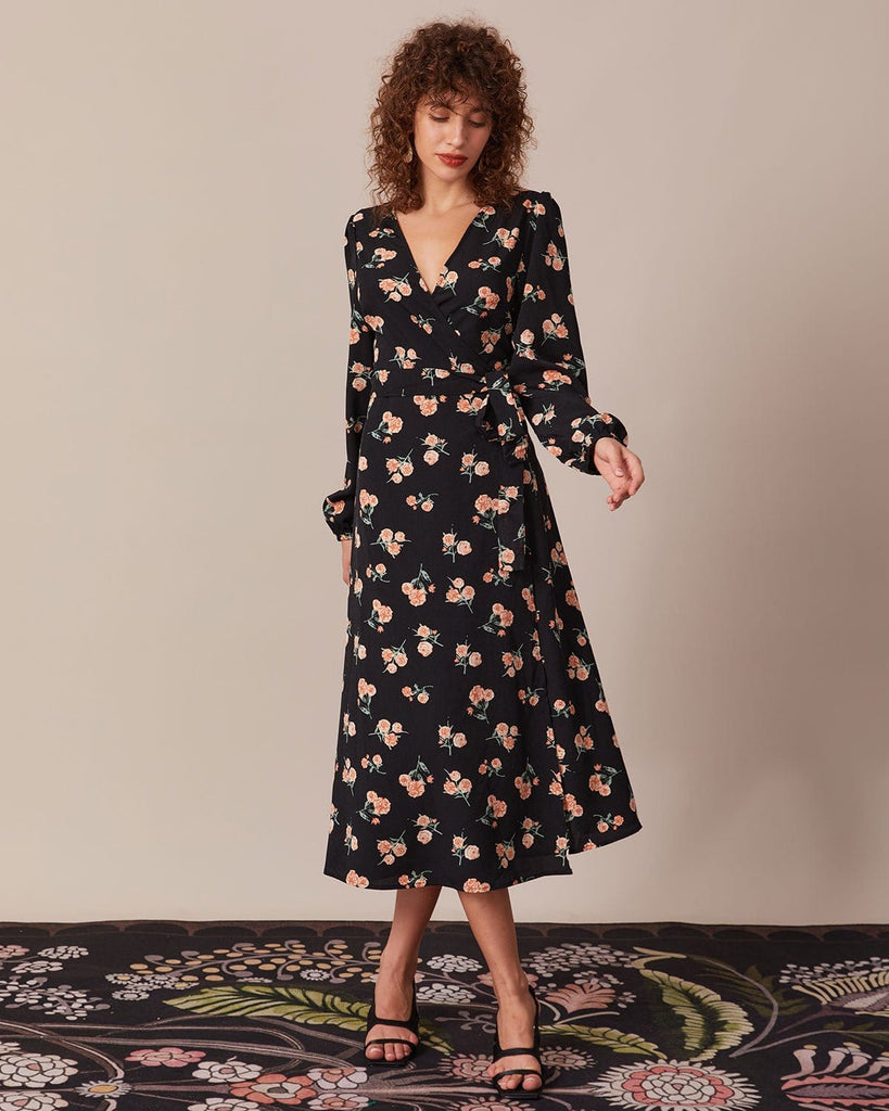 The Black V-Neck Floral Wrap Dress Dresses - RIHOAS