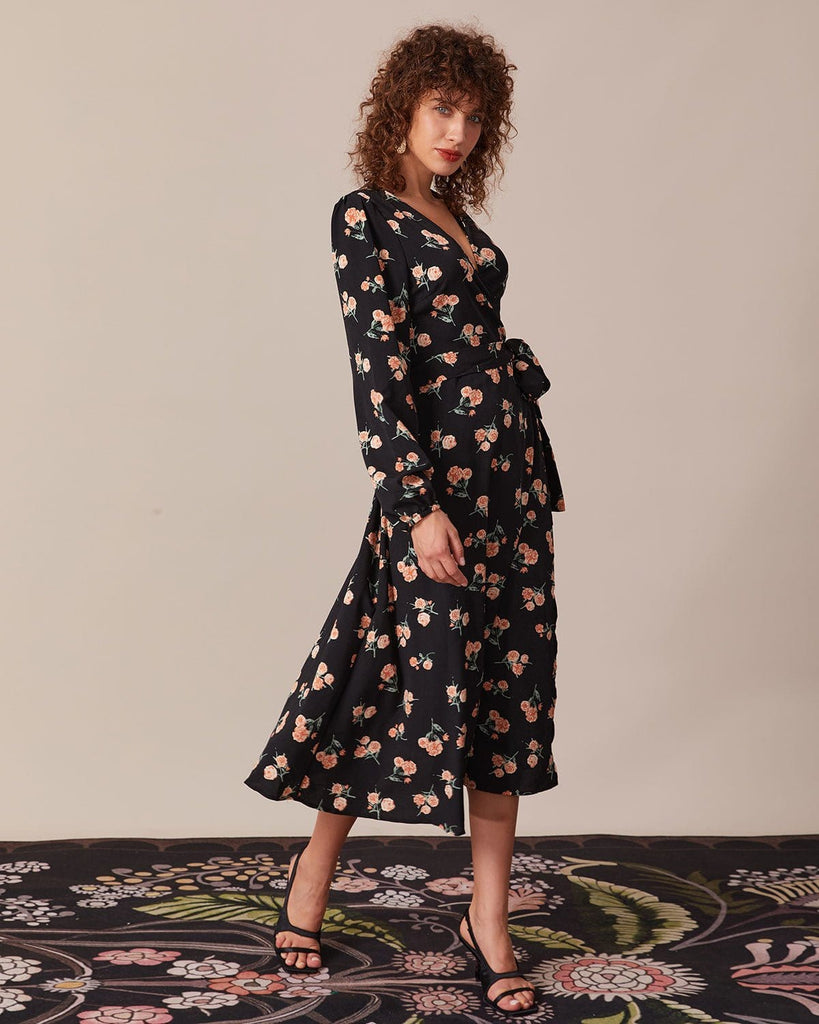 The Black V-Neck Floral Wrap Dress Dresses - RIHOAS