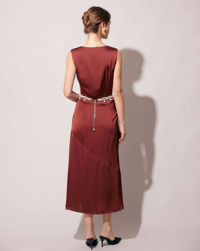 The Coffee Square Collar Satin Maxi Dress Dresses - RIHOAS