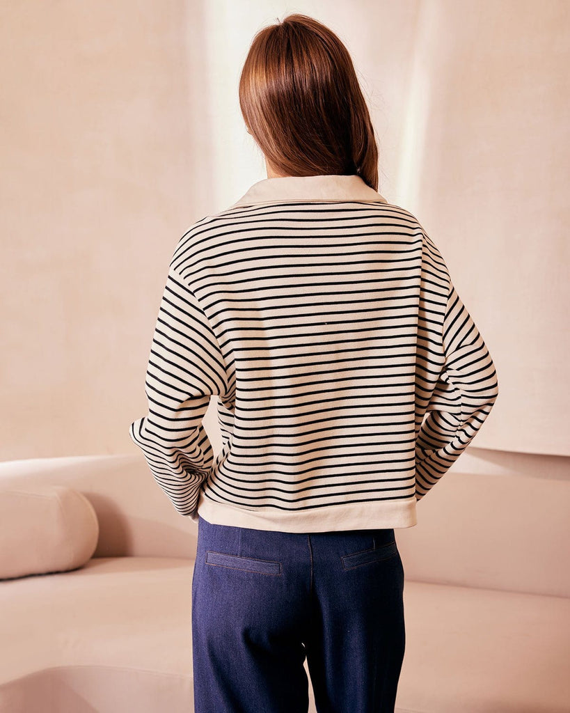 The Collared Half Zipper Striped Sweatshirt Tops - RIHOAS