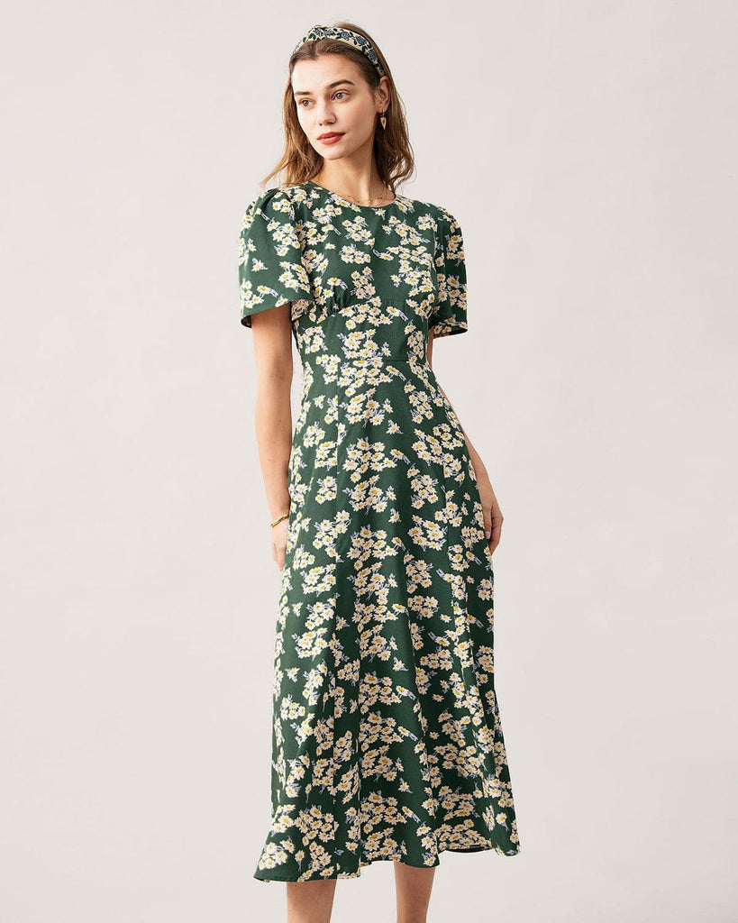 The Green Round Neck Floral Hollow Out Maxi Dress Dresses - RIHOAS