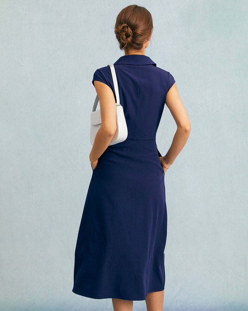 The Navy V-Neck Cap Sleeve Midi Dress Dresses - RIHOAS