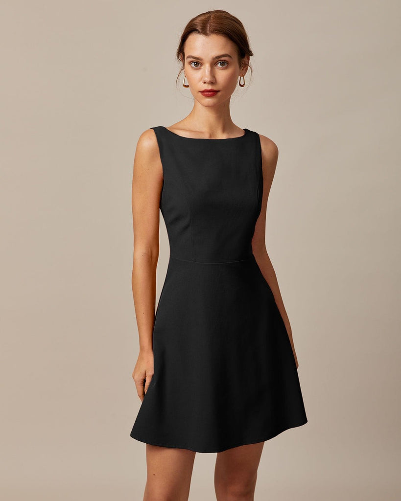 The Red Boat Neck Solid Mini Dress Black Dresses - RIHOAS