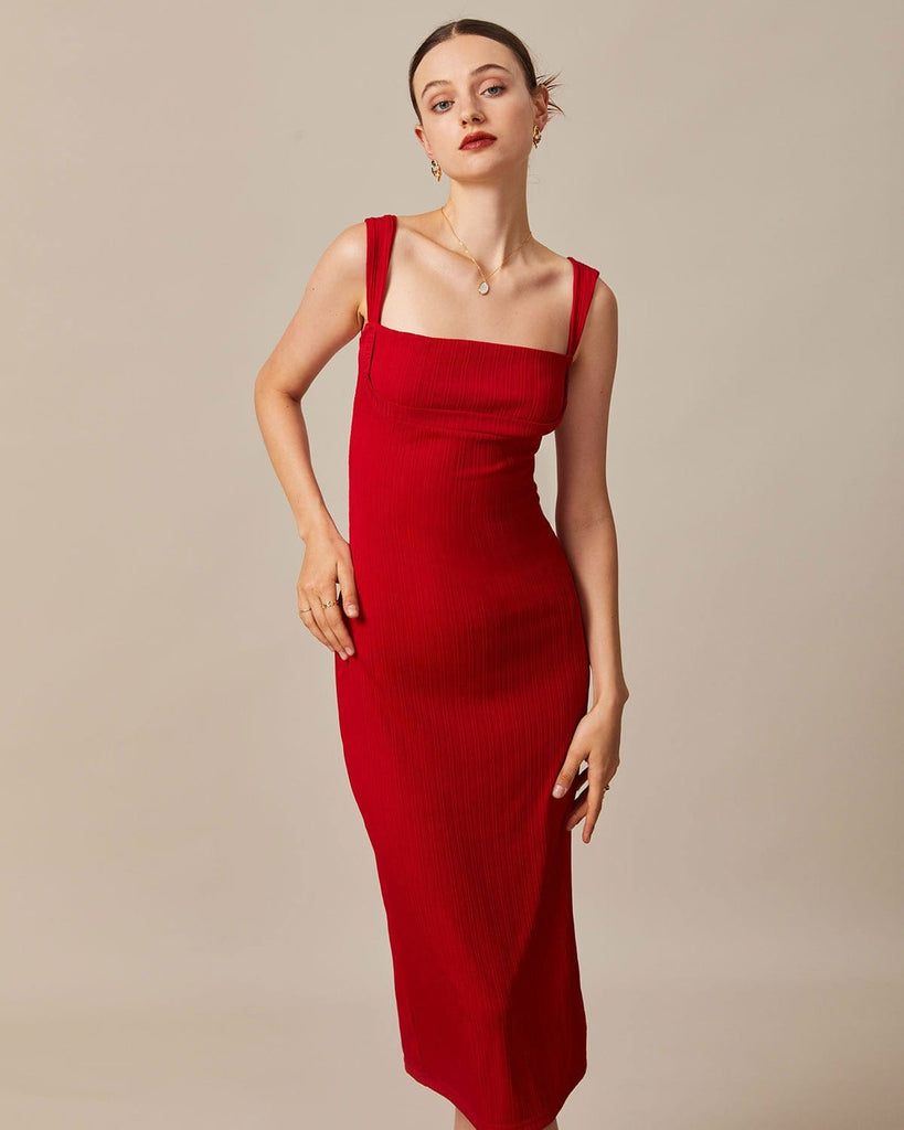 The Red Square Neck Ribbed Midi Dress Red Dresses - RIHOAS