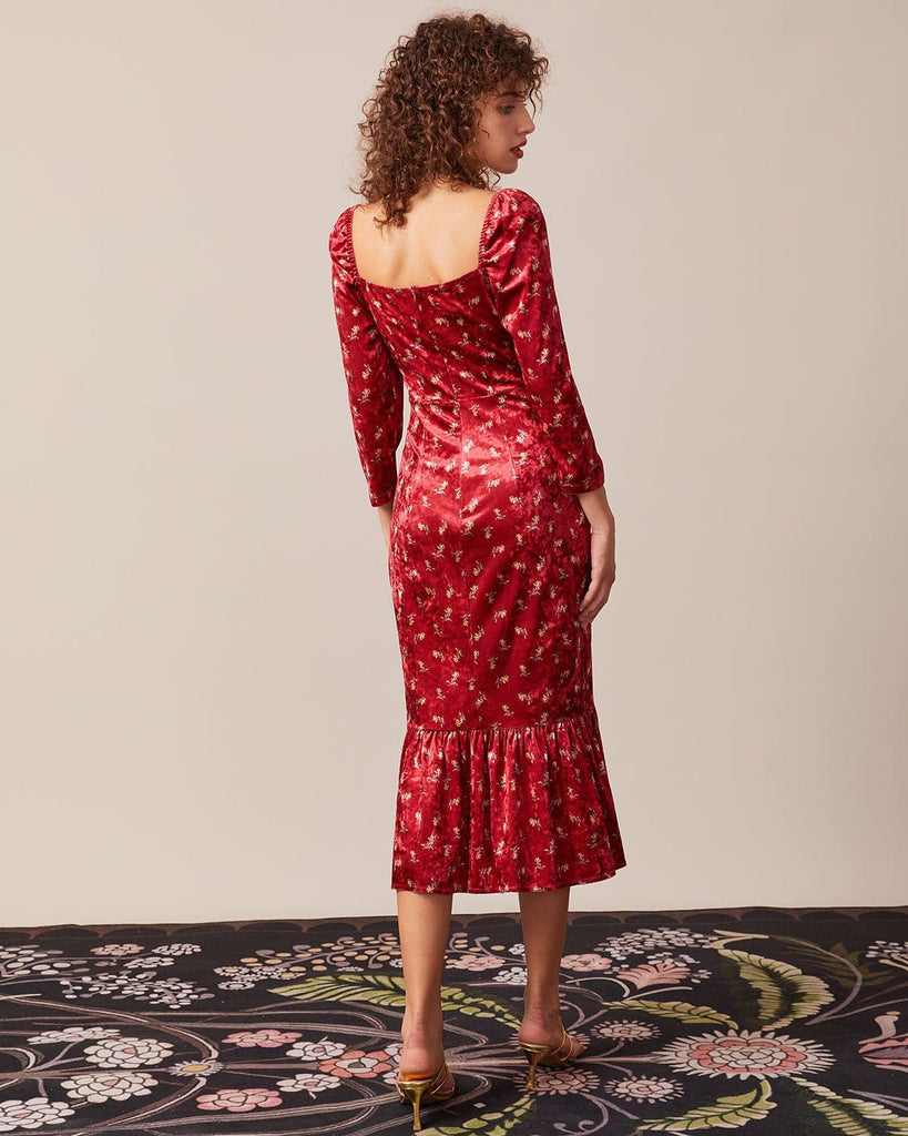 The Red Square Neck Velvet Midi Dress Dresses - RIHOAS