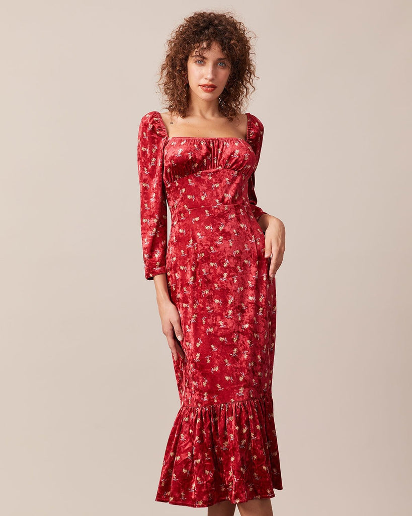 The Red Square Neck Velvet Midi Dress Red Dresses - RIHOAS