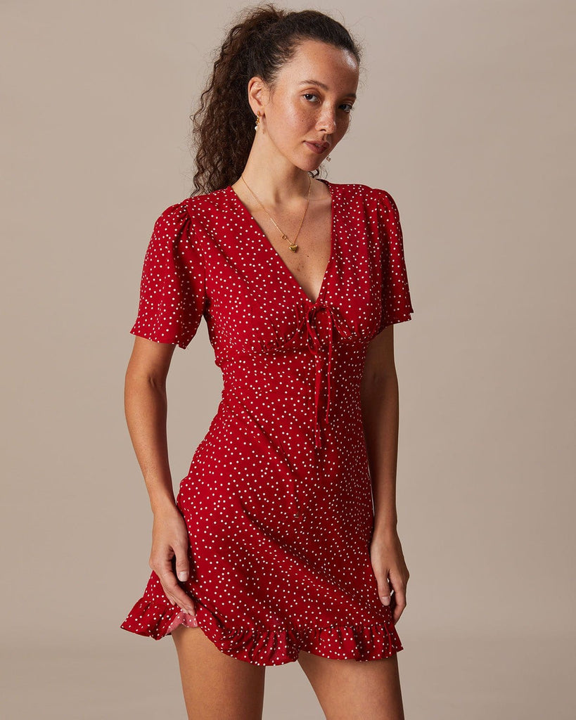 The Red V-Neck Polka Dot Mini Dress Dresses - RIHOAS