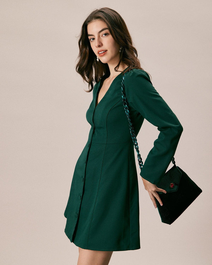 The V-Neck Long Sleeve Shirt Dress Dresses - RIHOAS