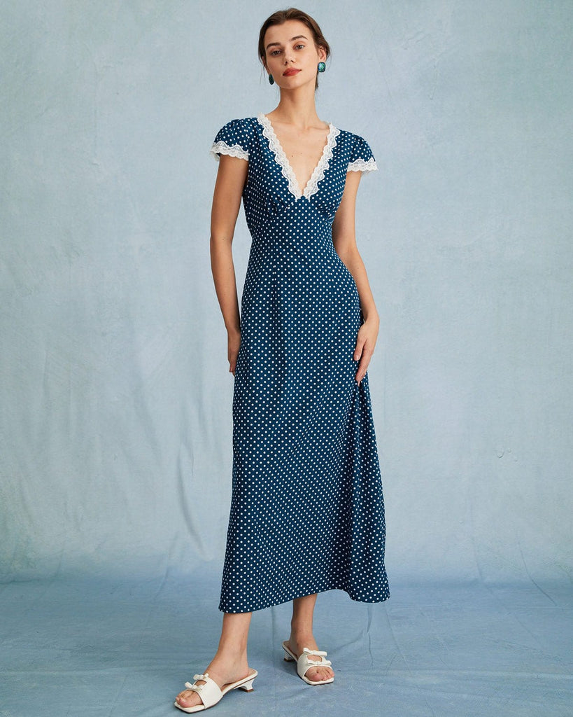 The V-Neck Polka Dot Dress Navy Dresses - RIHOAS