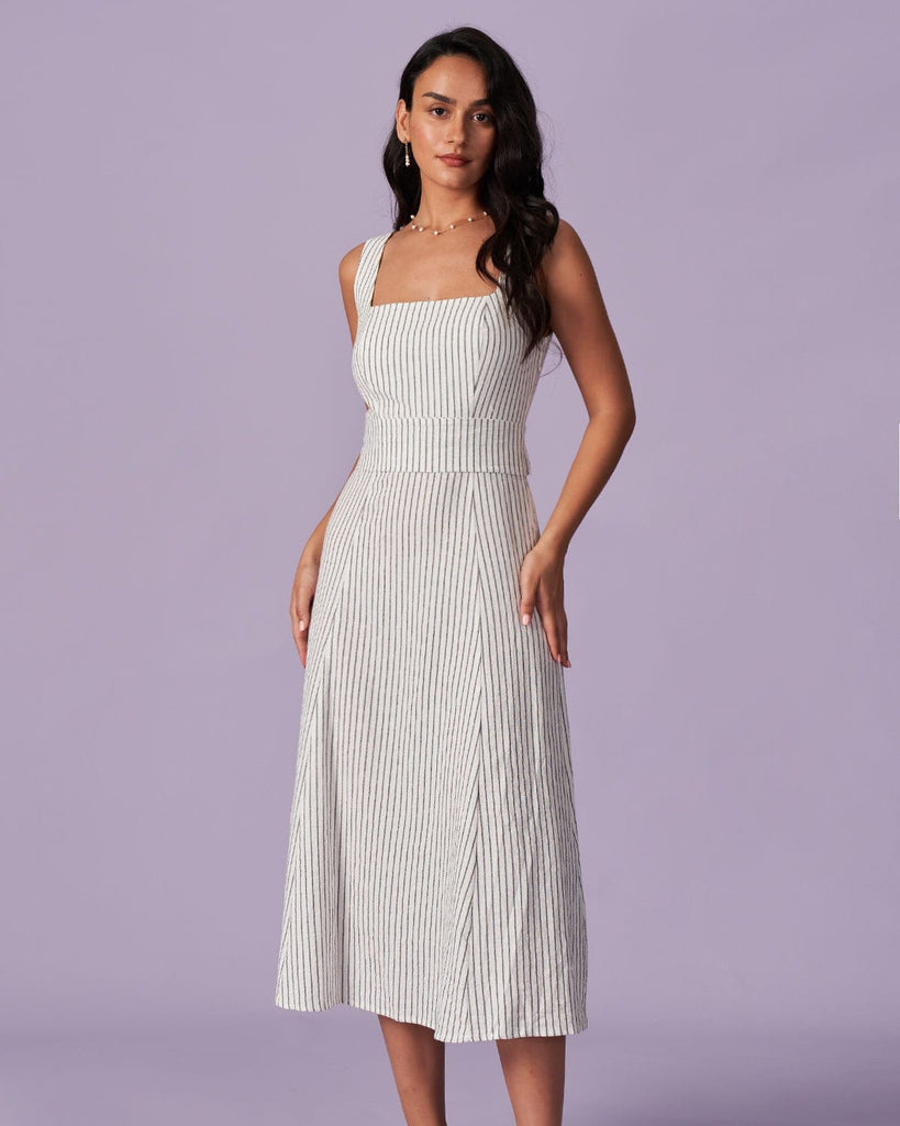 The White Striped Button Midi Dress Dresses - RIHOAS